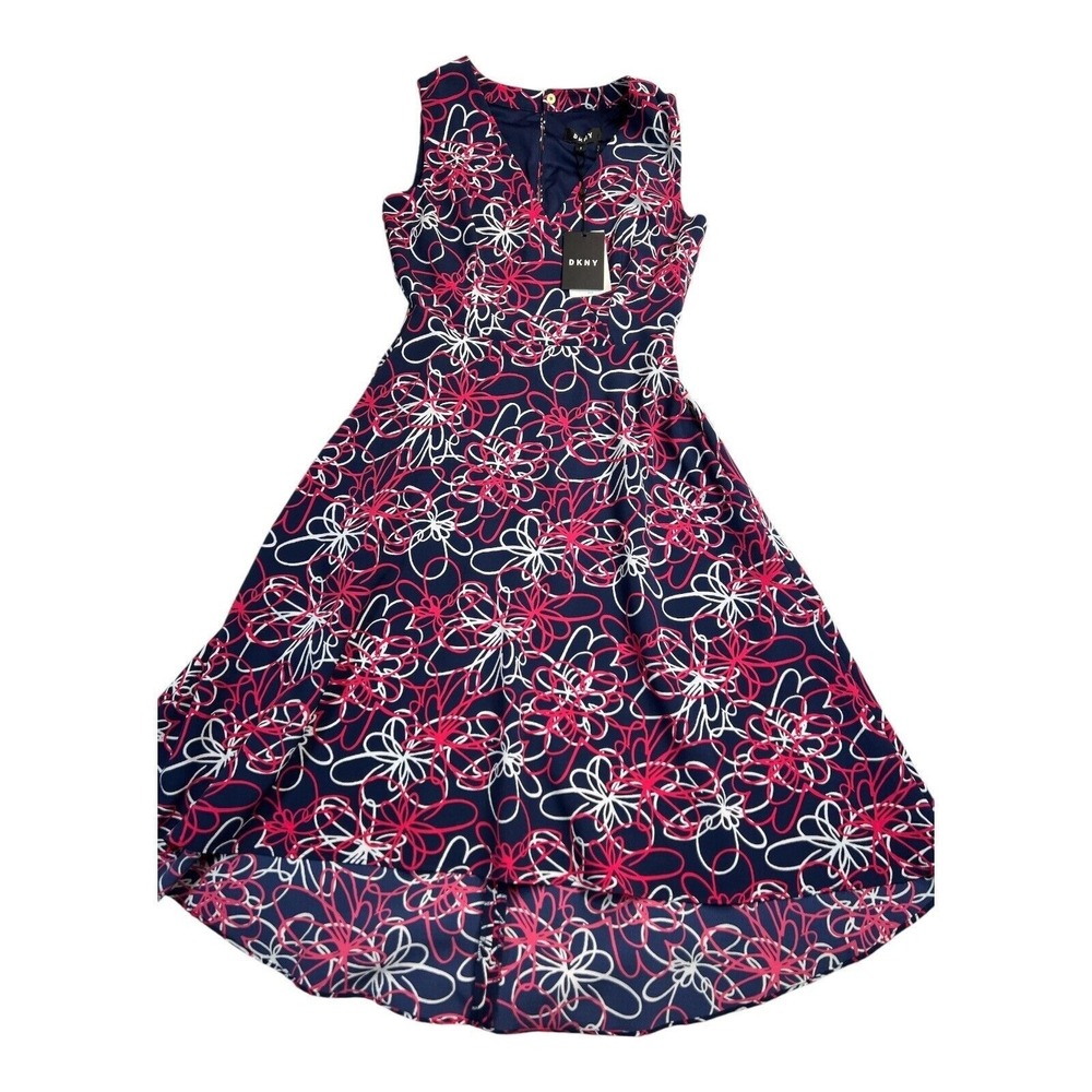 DKNY Womens Size 2 Floral Hi Lo‎ Midi Dress Navy Pink Sleeveless NWT Fit Flare